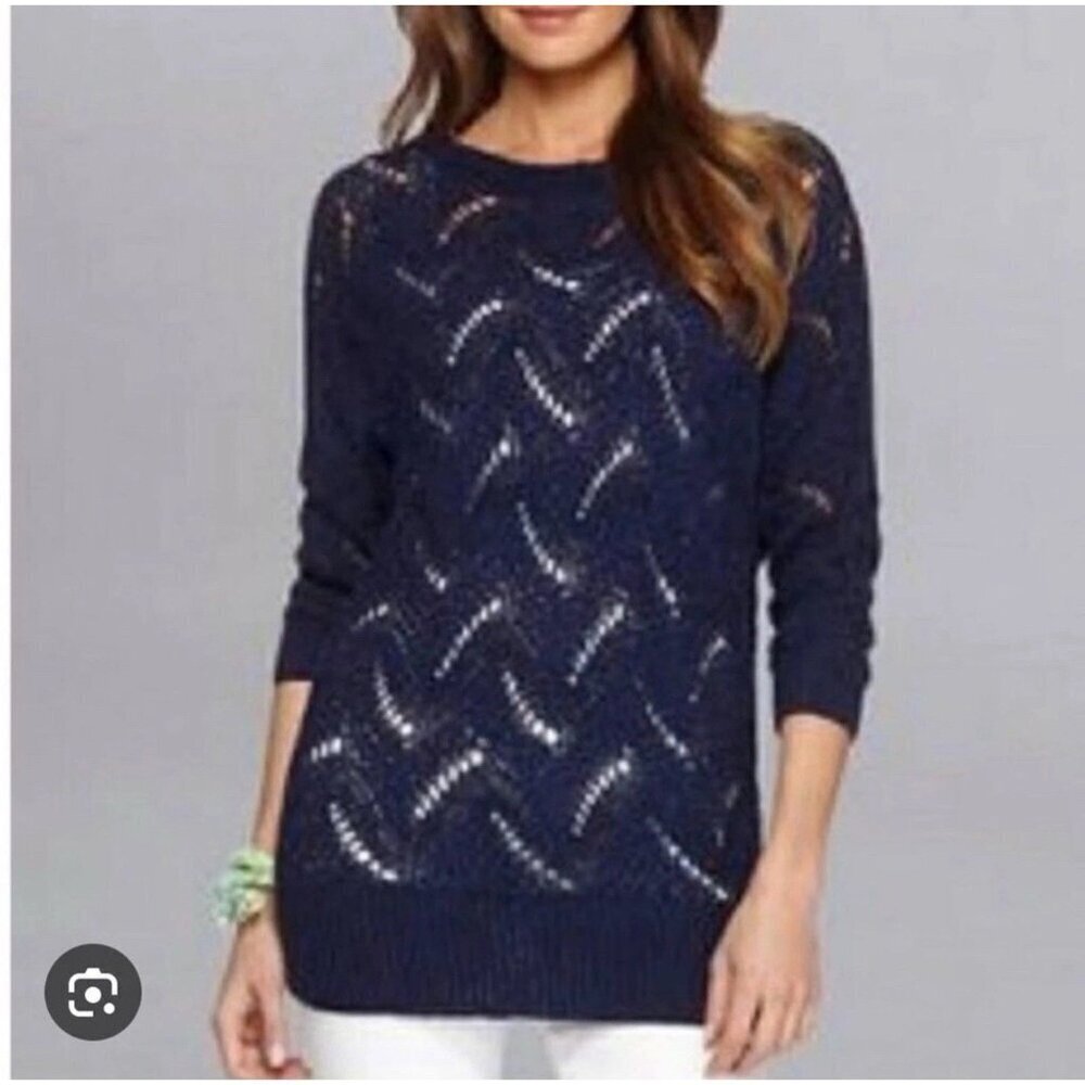 Lilly Pulitzer Larissa Navy Blue Crochet Knit Boatneck Sweater Top XS / S